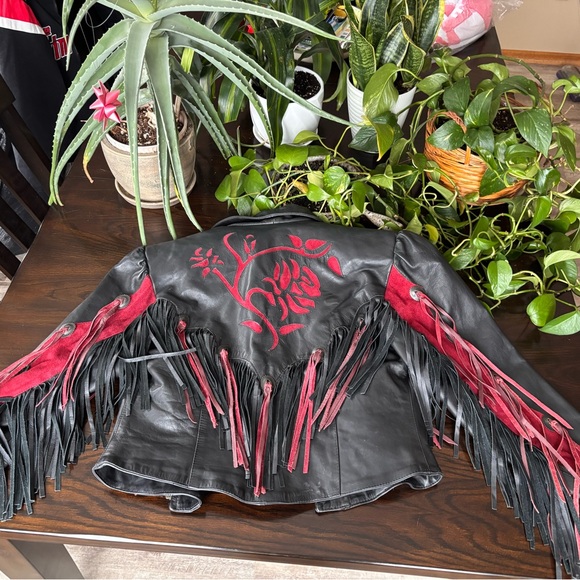 Black Leather Jacket with Red Accents - Picture 2 of 5